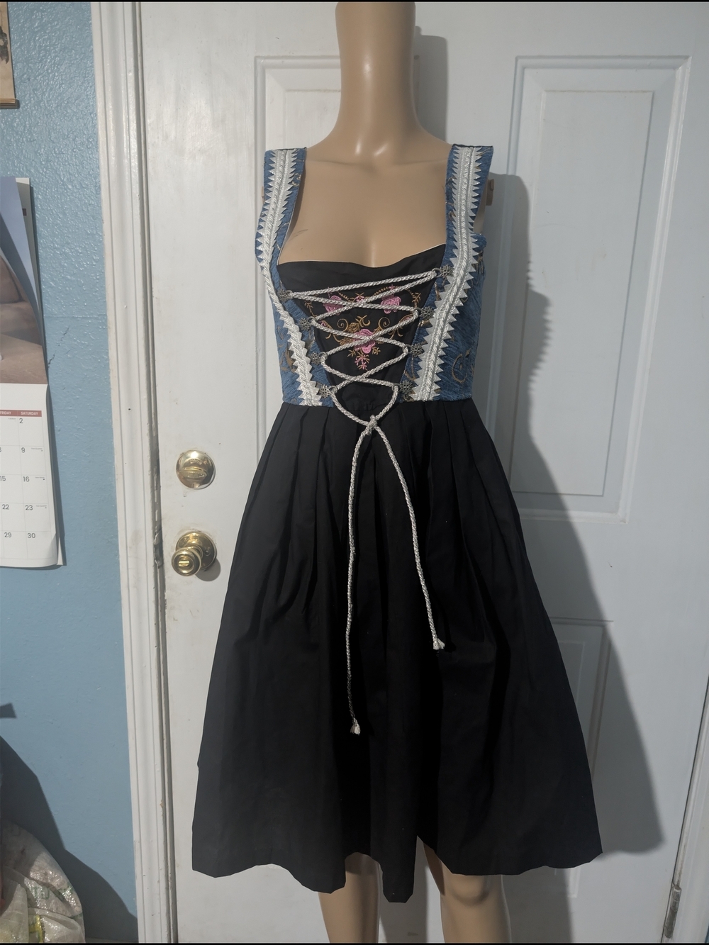 Edelnce Black Dirndl-Style Dress with Blue Embroidered Bodice